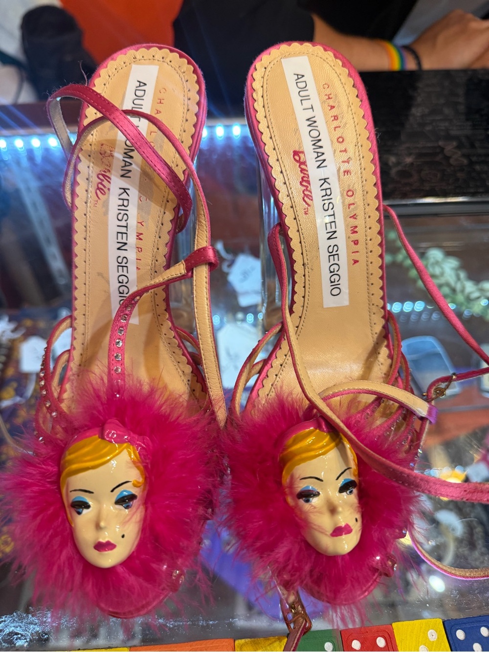 Charlotte Olympia Fuchsia Feather Mask Slingback Heels - Picture 1 of 3
